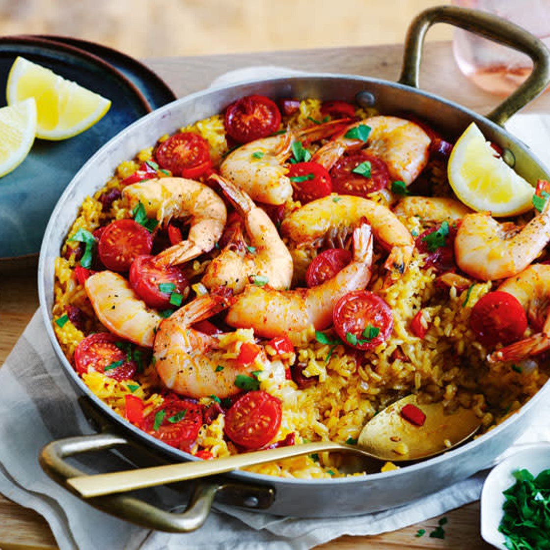 Smoky prawn and chorizo paella