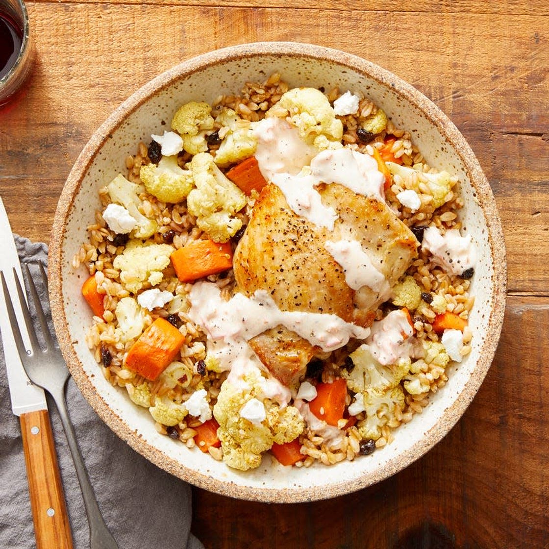 Seared Chicken Thighs & Creamy Pepper Sauce with Za'atar-Spiced Vegetables & Farro