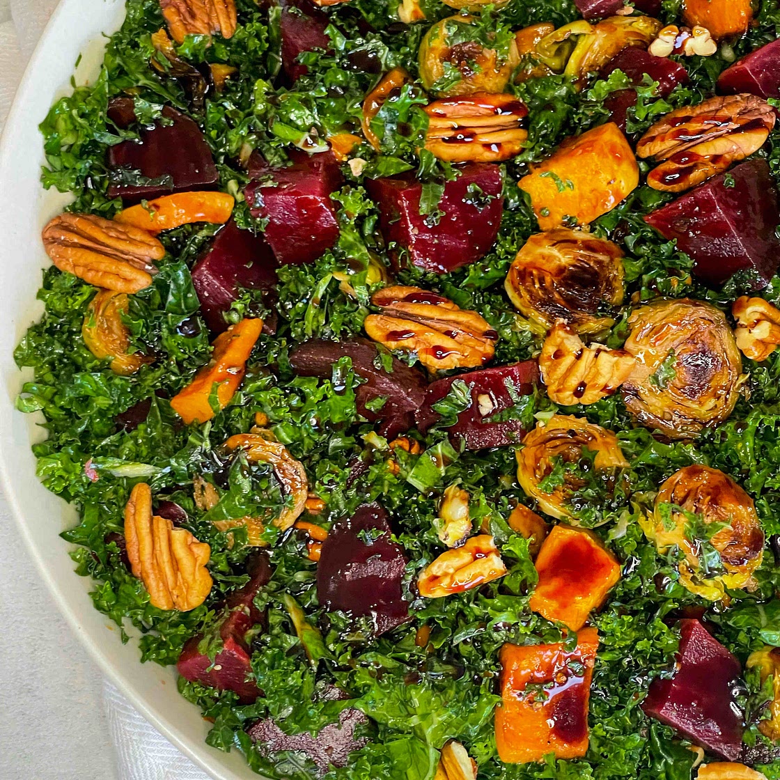 Kale Salad with Honeynut Squash, Brussels Sprouts, and beets.  