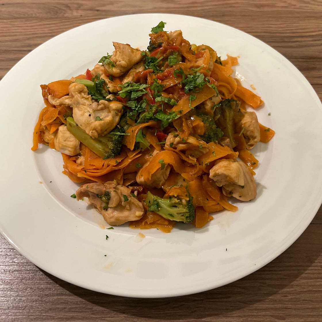 30-minute Spicy Thai Peanut Chicken & Sweet Potato Noodle Stir Fry