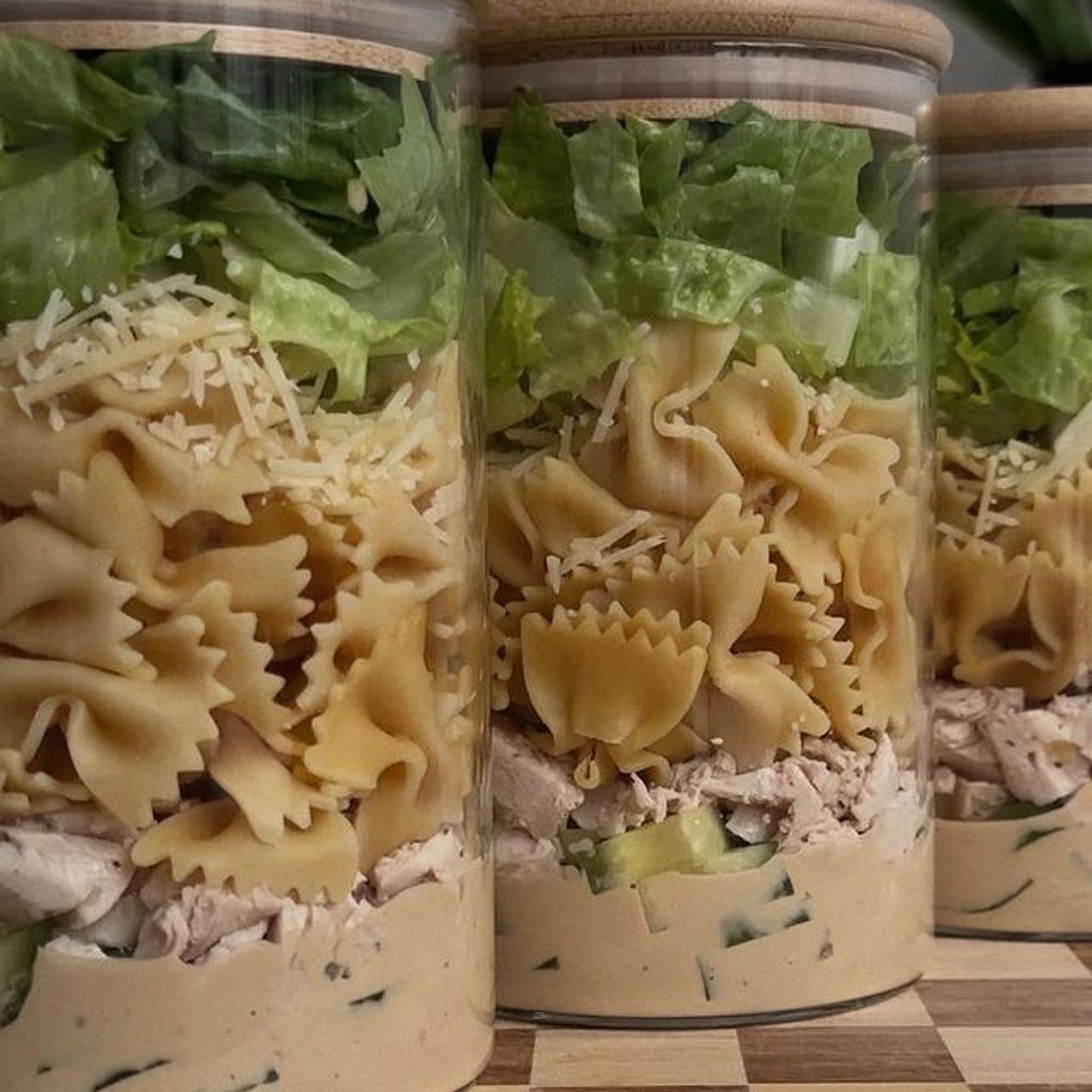 Chicken Caesar protein pasta salad jars