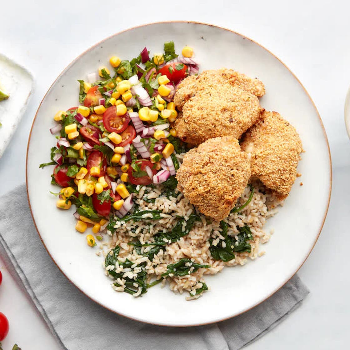 Crispy Chicken, Sweetcorn Salsa & Spinach Rice