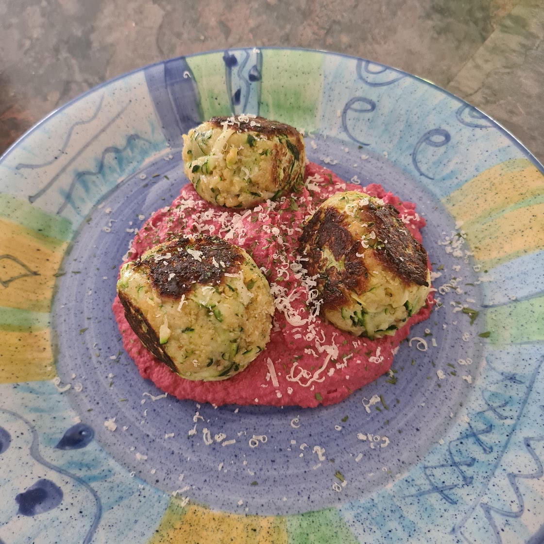 Zucchini Meatballs with Beetroot Hummus