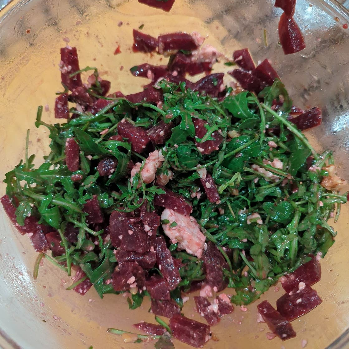 Throw Together Salad #1: Rocket (Arugula), Beetroot, Walnuts and Feta w/Balsamic Dressing