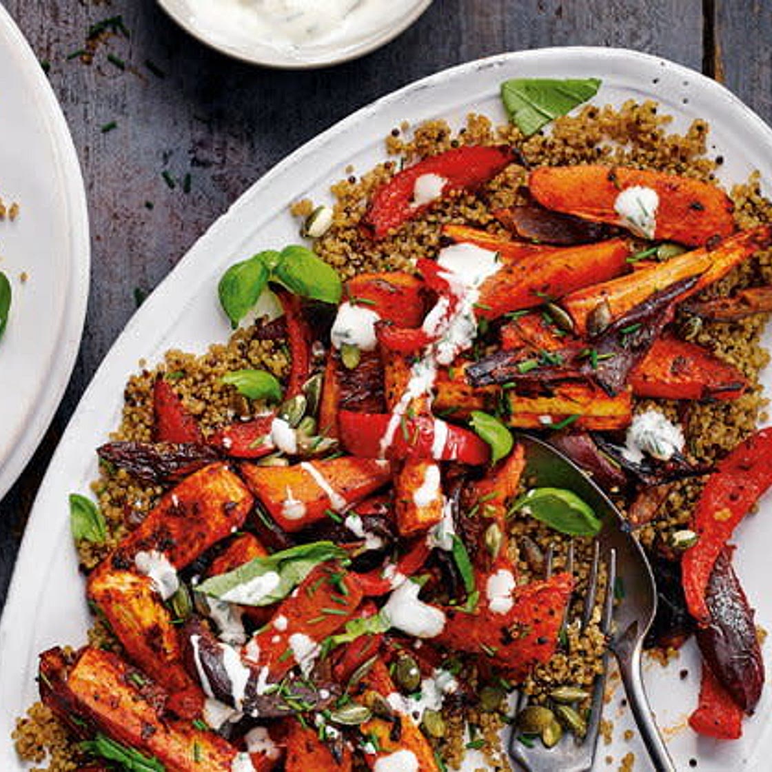 Steak with Harissa Yogurt Sauce and Roasted Root Vegetables