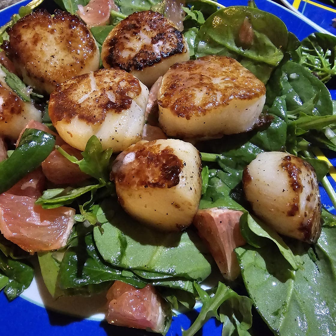 Scallops, Grapefruit, Arugula and Spinach Salad with Champagne Vinaigrette