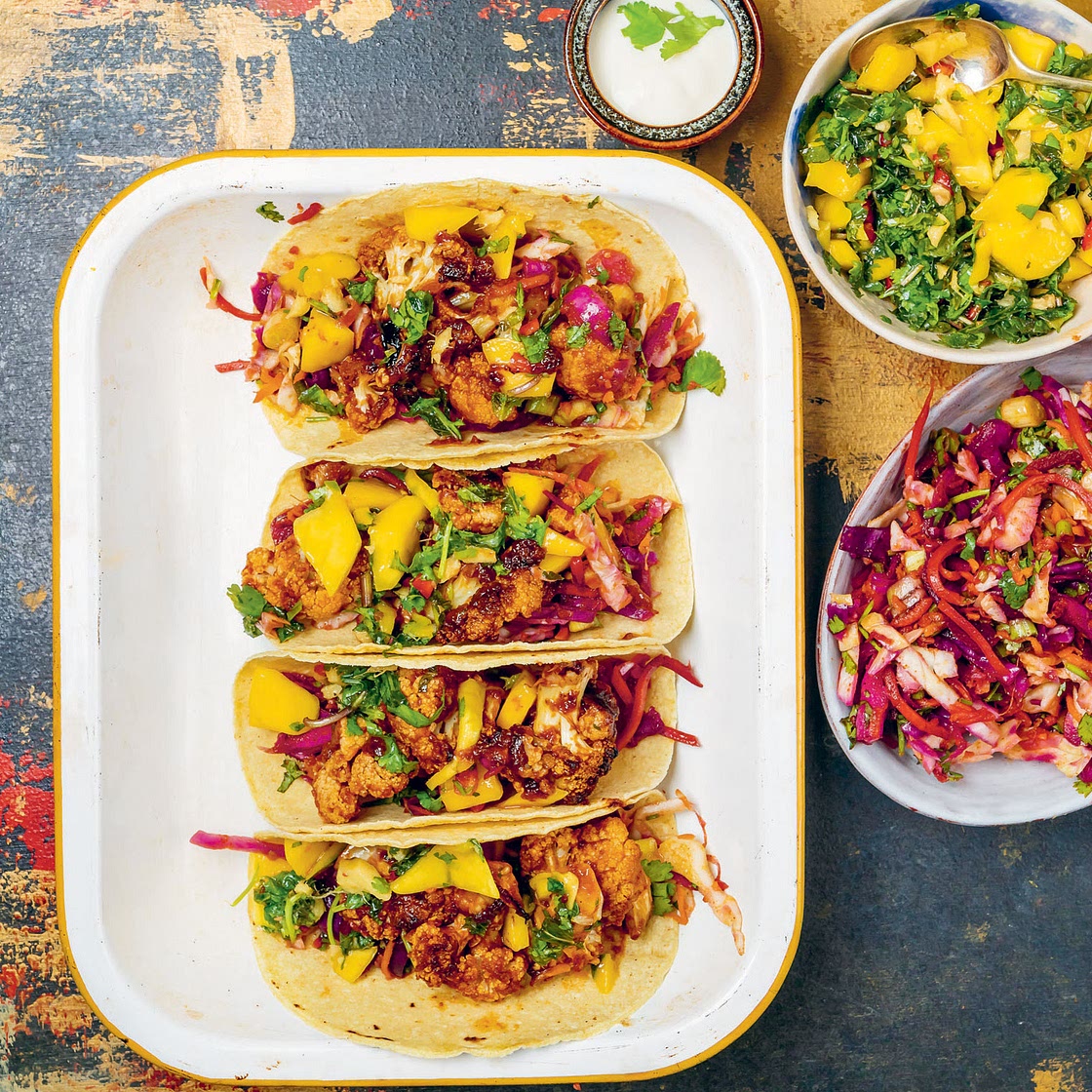 Roasted Cauliflower Tacos and Zingy Ginger Salsa and Avocado