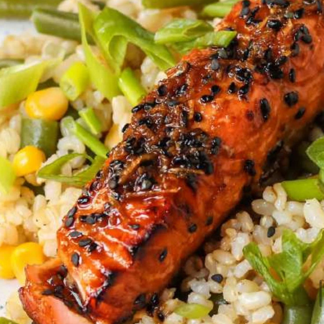 SALMON TERIYAKI WITH GREEN BEANS & SWEETCORN RICE