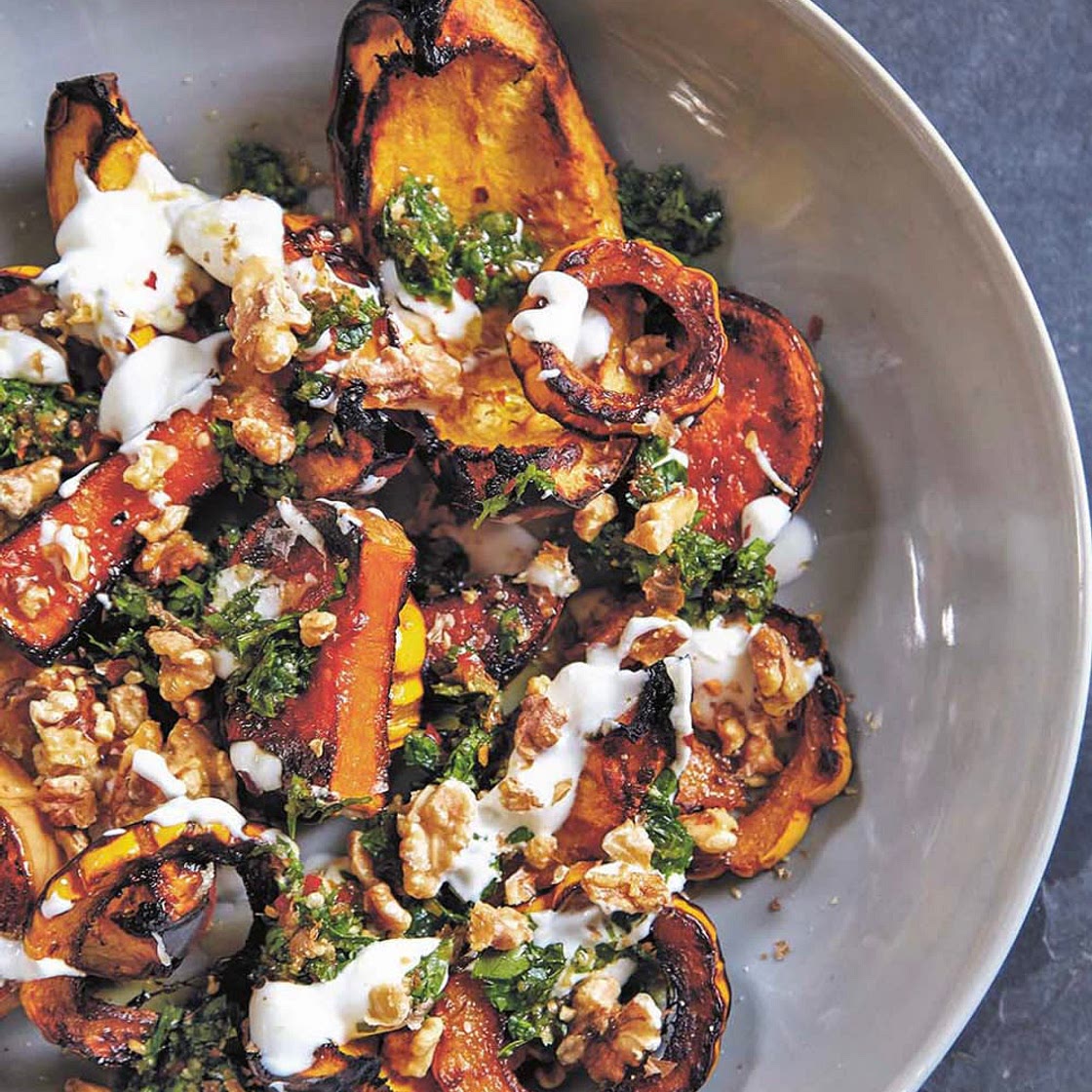 Roasted Squash with Yogurt, Walnuts, and Spiced Green Sauce