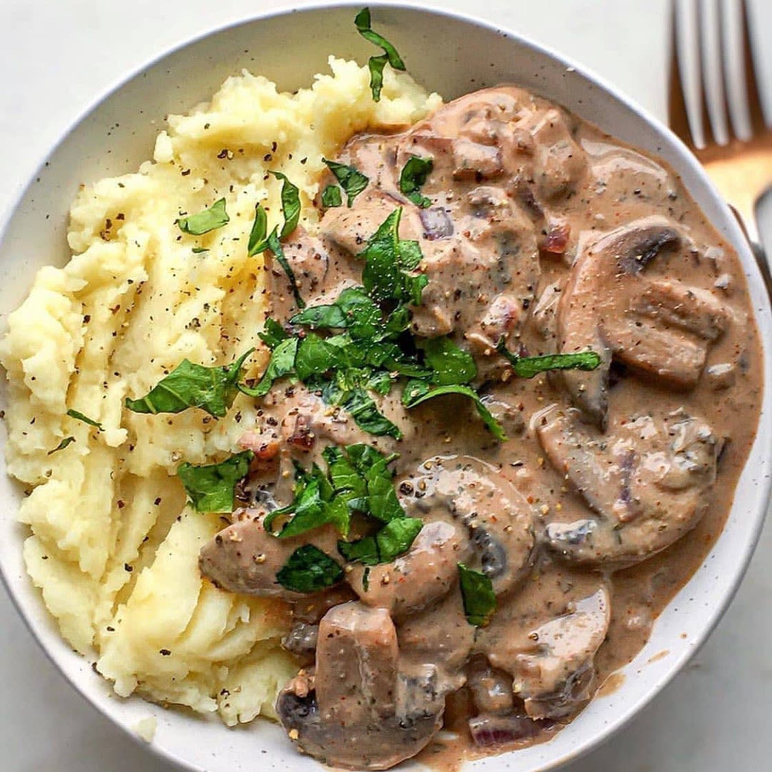  Mushroom Stroganoff with fluffy mashed potato