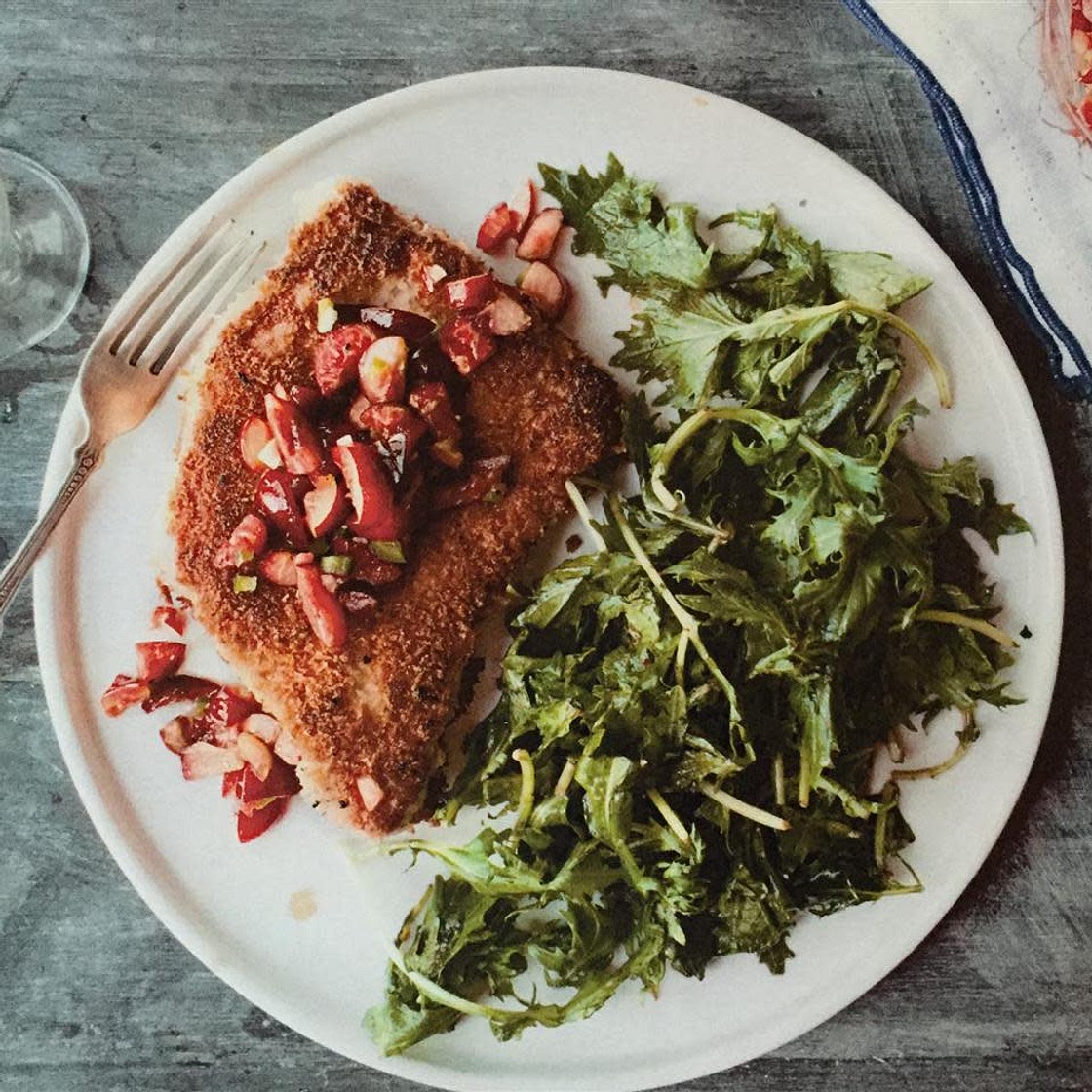 Port Tonkatsu with Yuzu Cherry Salsa and Mizuna