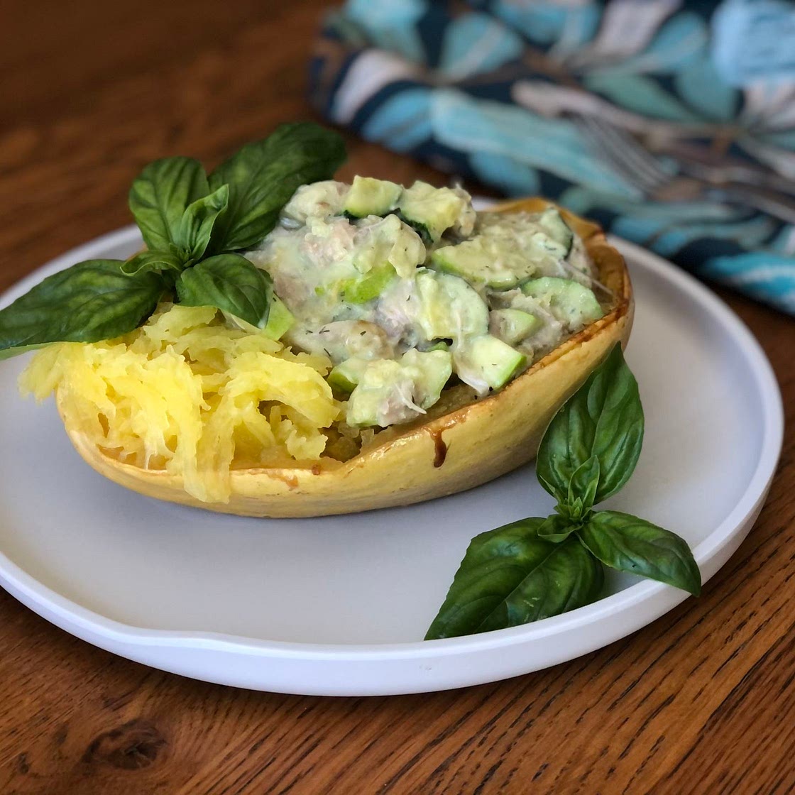 Creamy Chicken Spaghetti Squash Boats - AIP PALEO