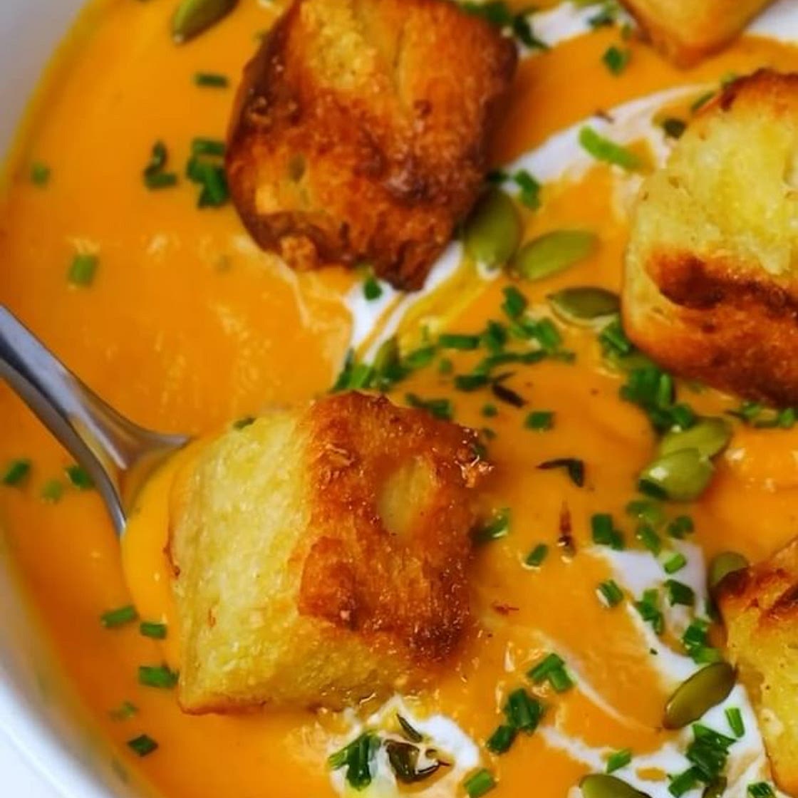 Sweet Potato Carrot Soup with Garlic Croutons