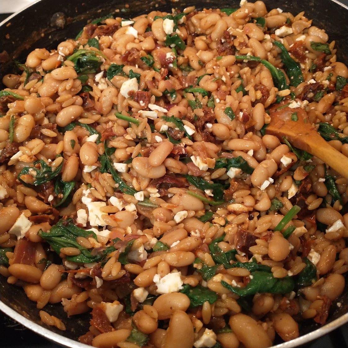 One-Pot White Bean, Spinach & Sun-Dried Tomato Orzo with Lemon & Feta