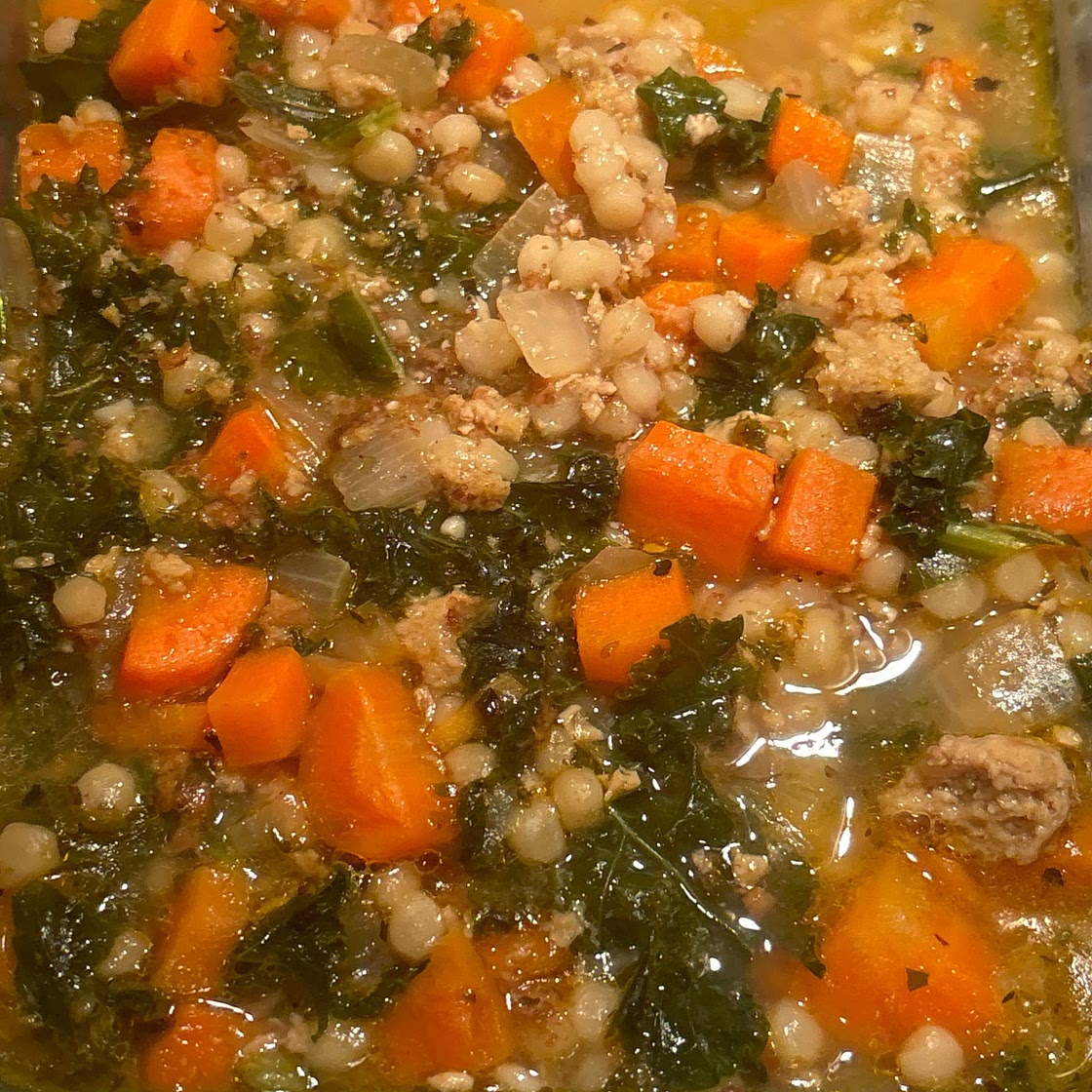 One-Pot Chicken Sausage & Kale Soup with Couscous & Garlic Ciabatta Toasts