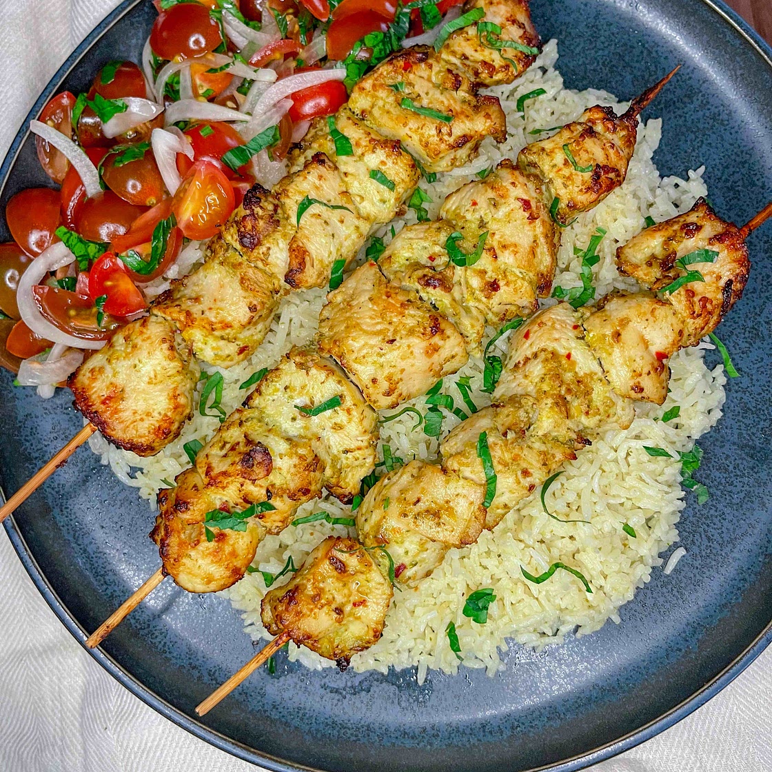 Pesto Chicken Tikka Kebabs With  Pesto Coconut Rice 