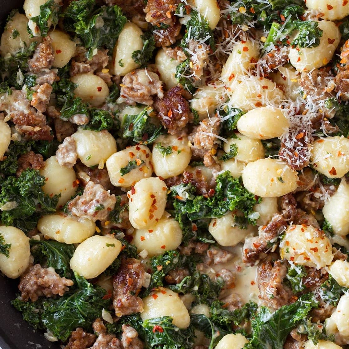 One Pan Creamy Gnocchi with Italian Sausage and Kale