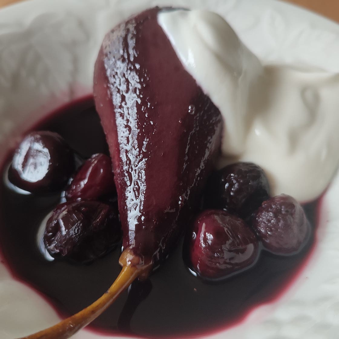 Red Wine Poached Pear with Cherries (Vegetarian)