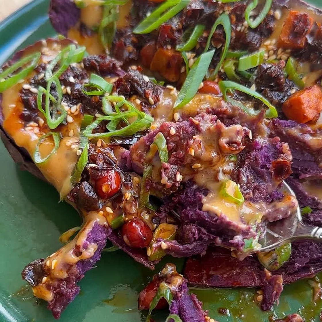 Sesame Miso Purple Sweet Potato with Chili Crisp