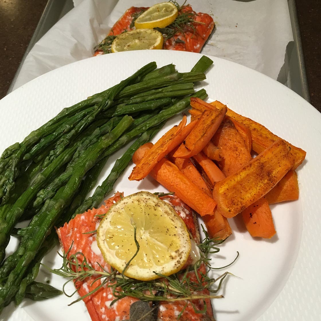 Sheet Pan Moroccan Salmon with Roasted Carrots and Asparagus