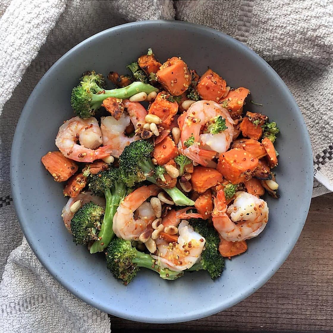 Greek Shrimp Bowl with Roasted Sweet Potatoes and Broccoli