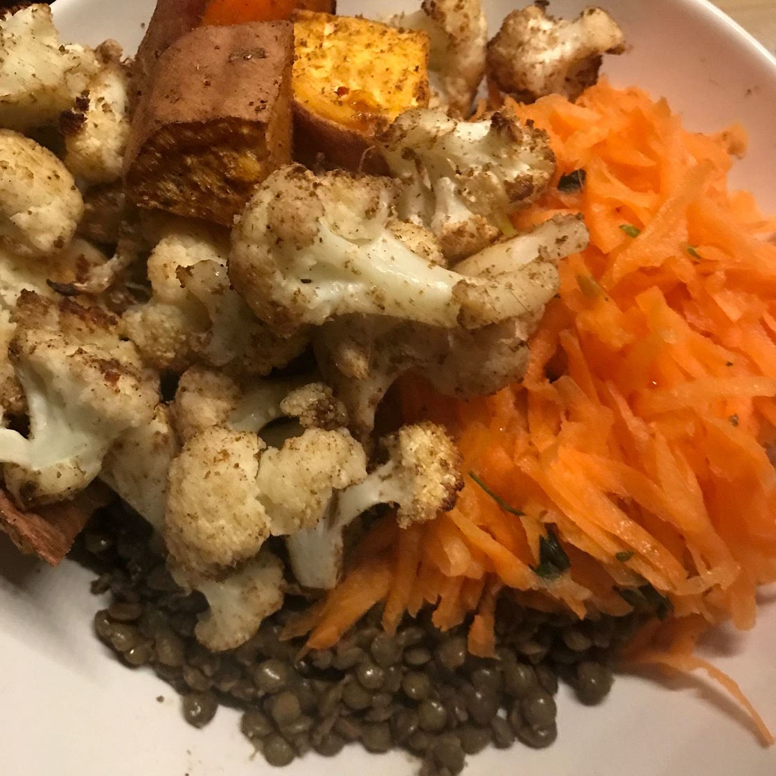 Sweet potato & cauliflower lentil bowl