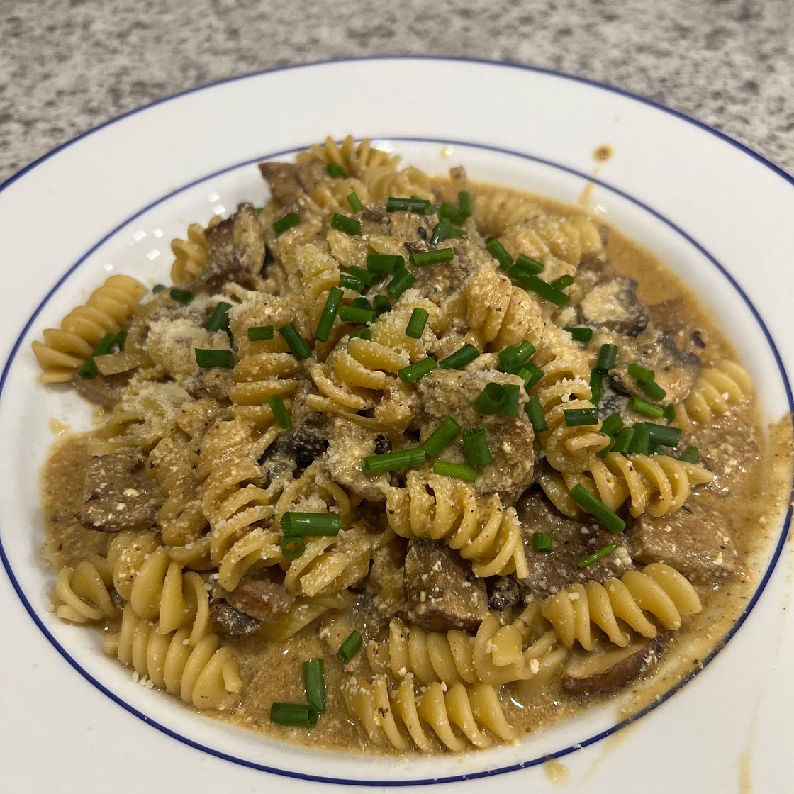 Pork Tenderloin in Creamy Mushroom Sauce and Pasta dinner