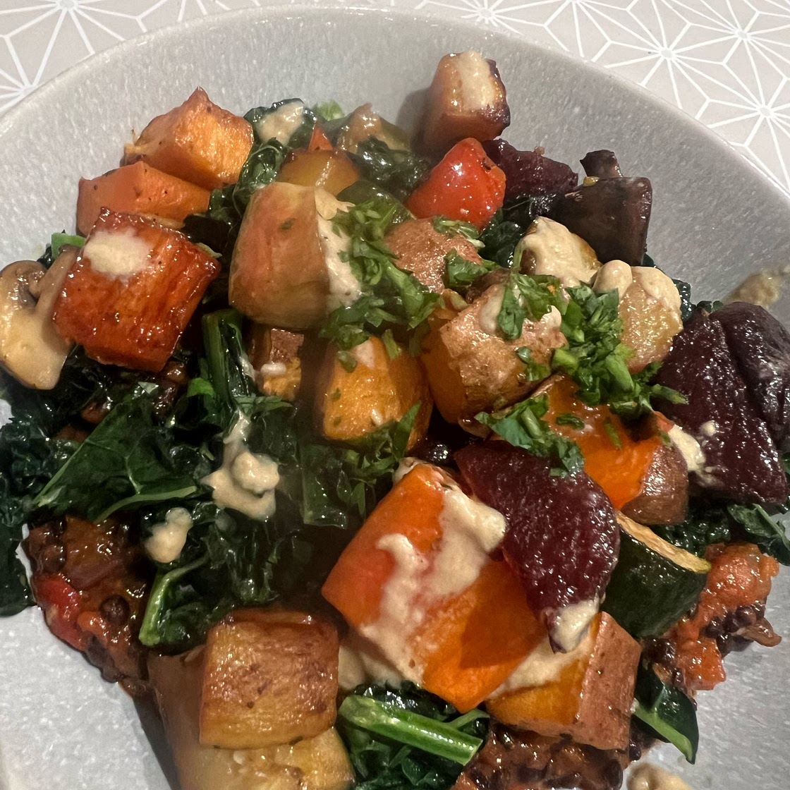 Roasted Root Veggies & Greens over Spiced Lentils