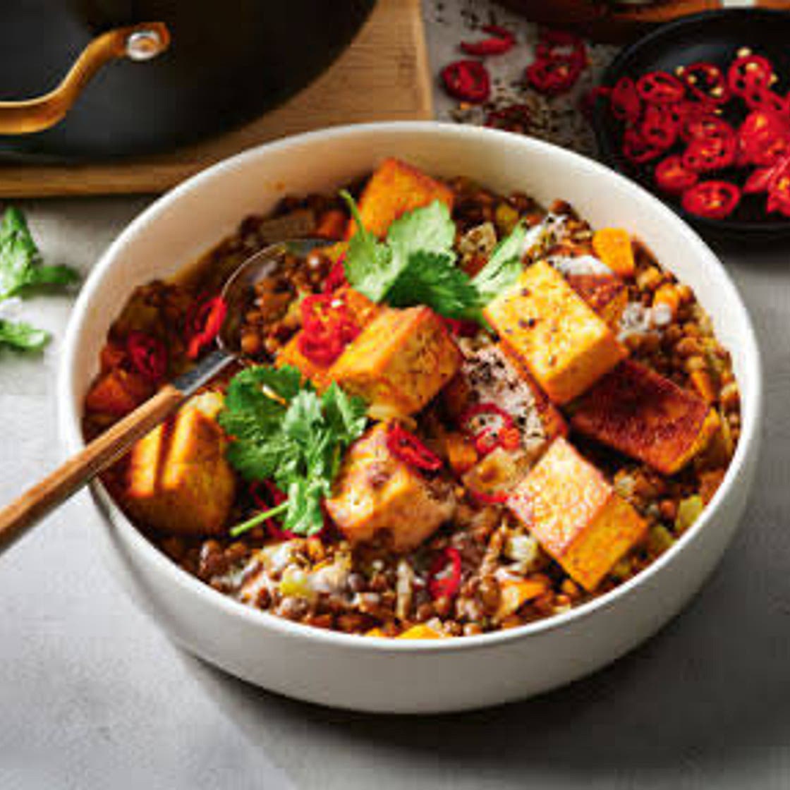 Harissa Tofu with Warm Lentils