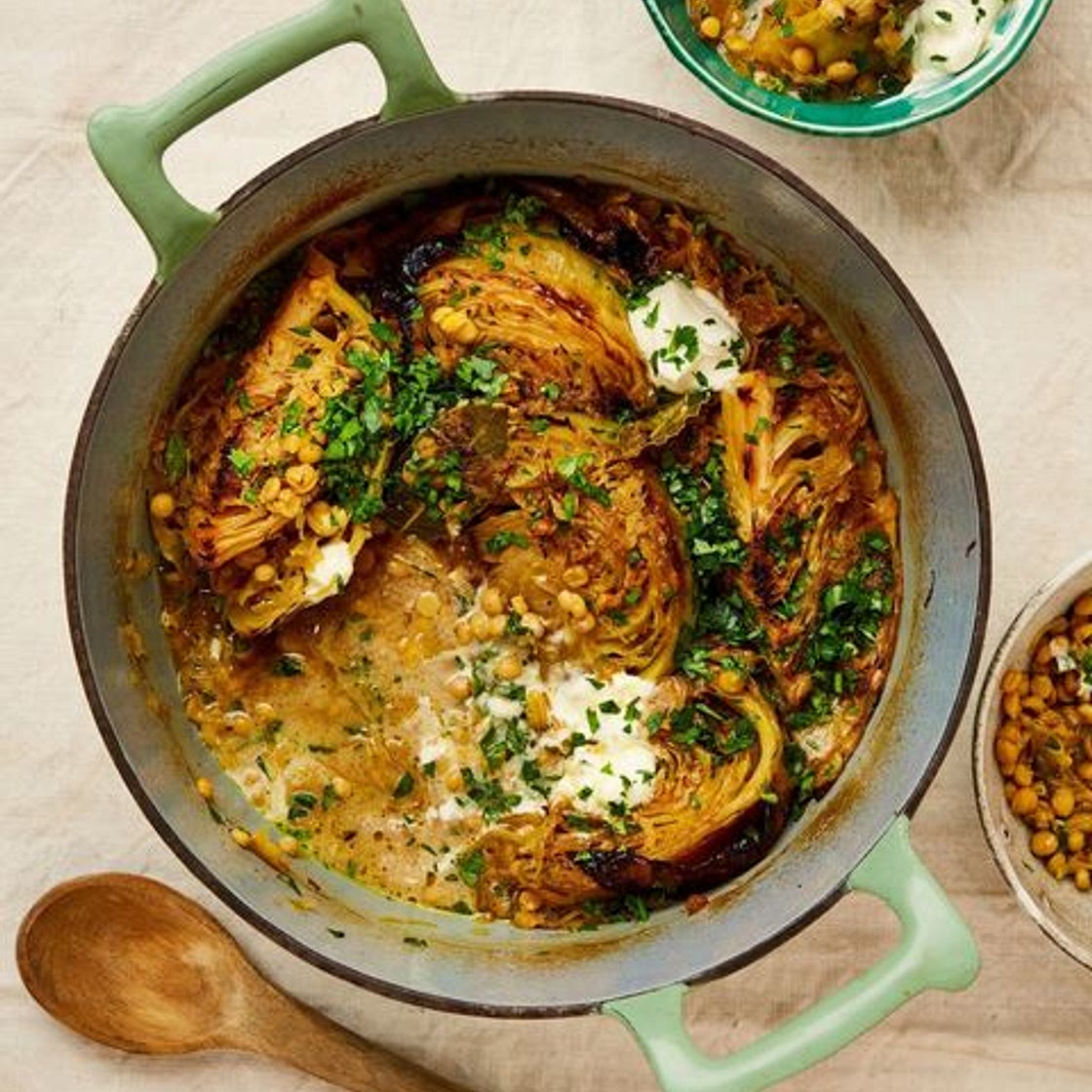 Roast cabbage with chana dhal and sauerkraut
