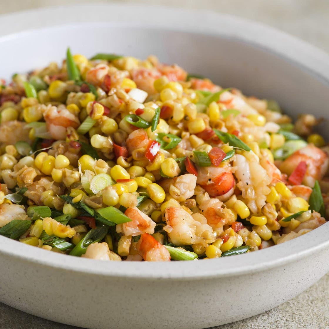 Corn w/ Shrimp, Chilies & Scallions