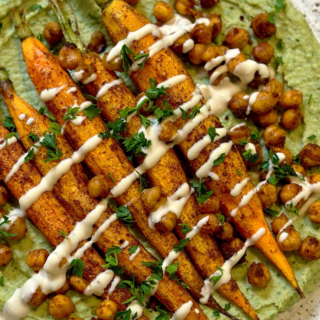 Sumac Roasted Carrots with White Bean Carrot Top Dip