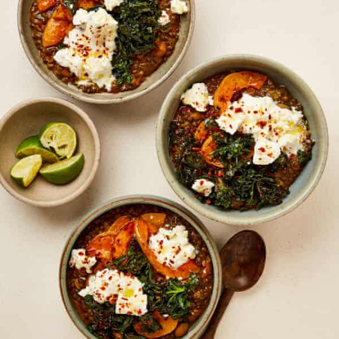 Lentils with roast butternut squash and feta yoghurt