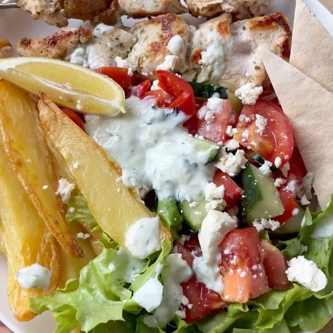 Day 4 Greek chicken kebabs with garlic potatoes and pita
