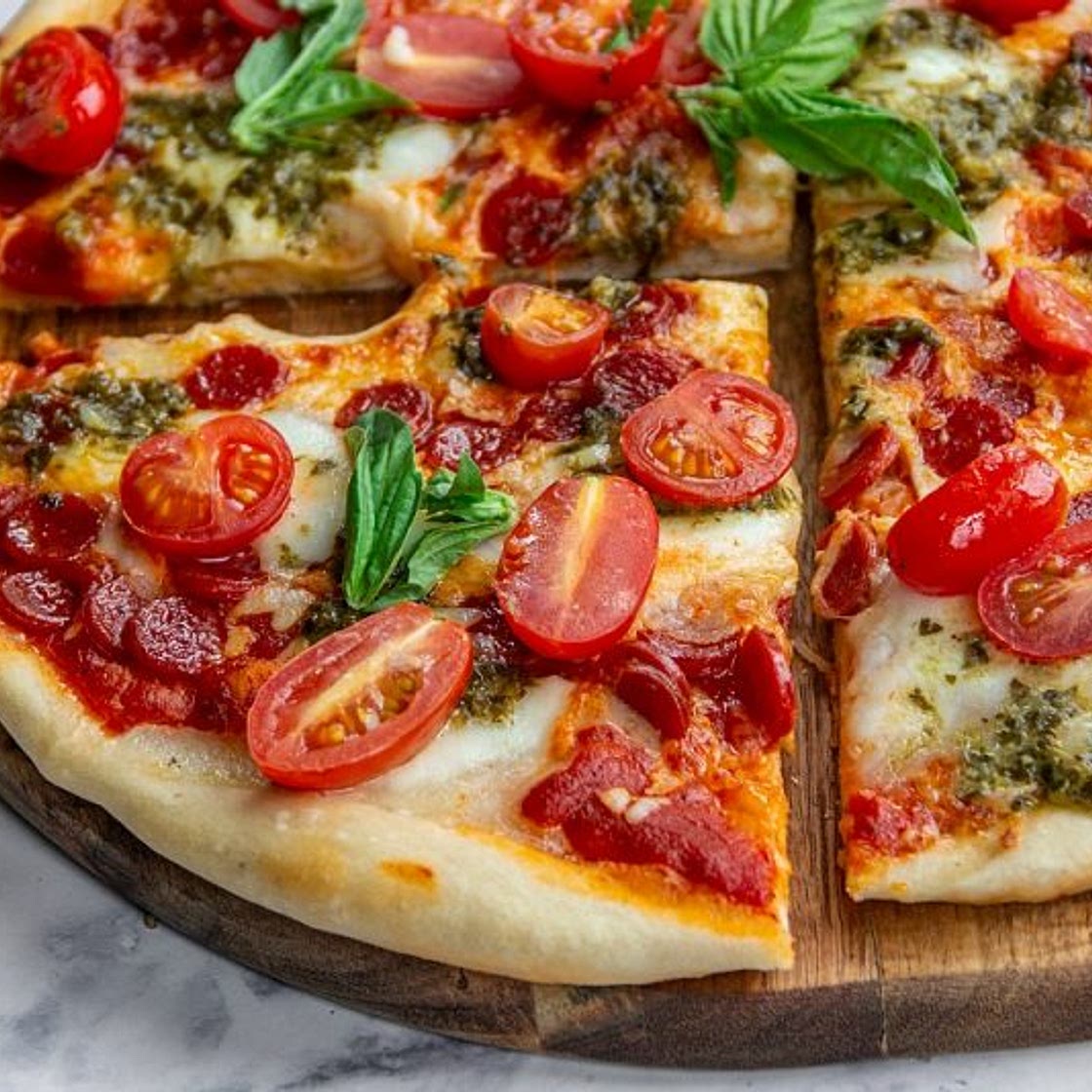 Pepperoni and Burrata Pizza with Pesto