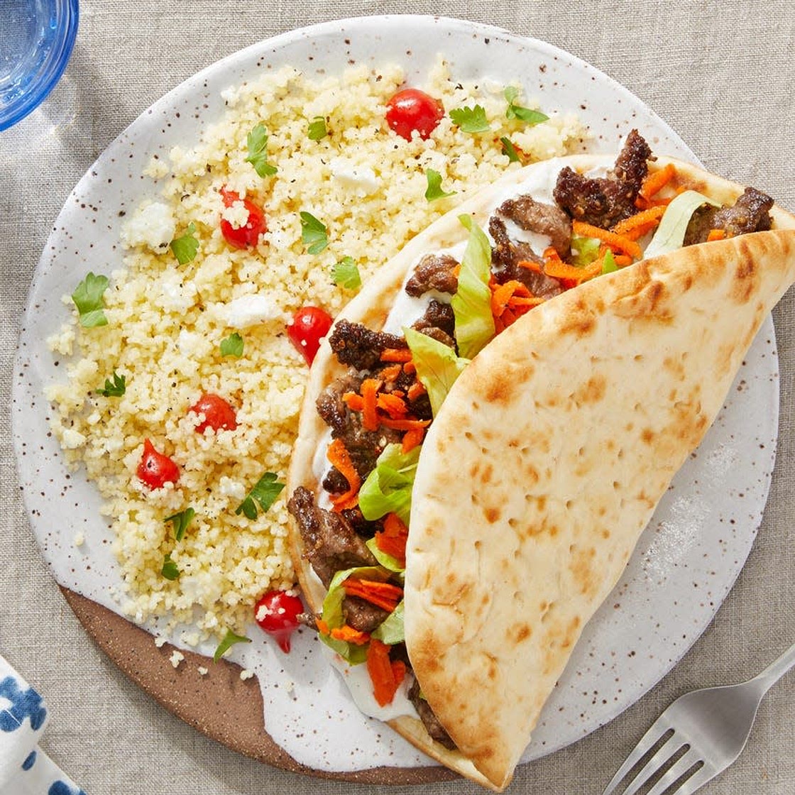 Za'atar Beef & Tzatziki Pitas with Couscous, Goat Cheese, & Pickled Peppers