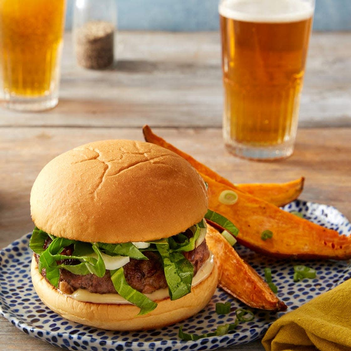 Shiitake & Hoisin Beef Burgers with Miso Mayonnaise & Roasted Sweet Potatoes