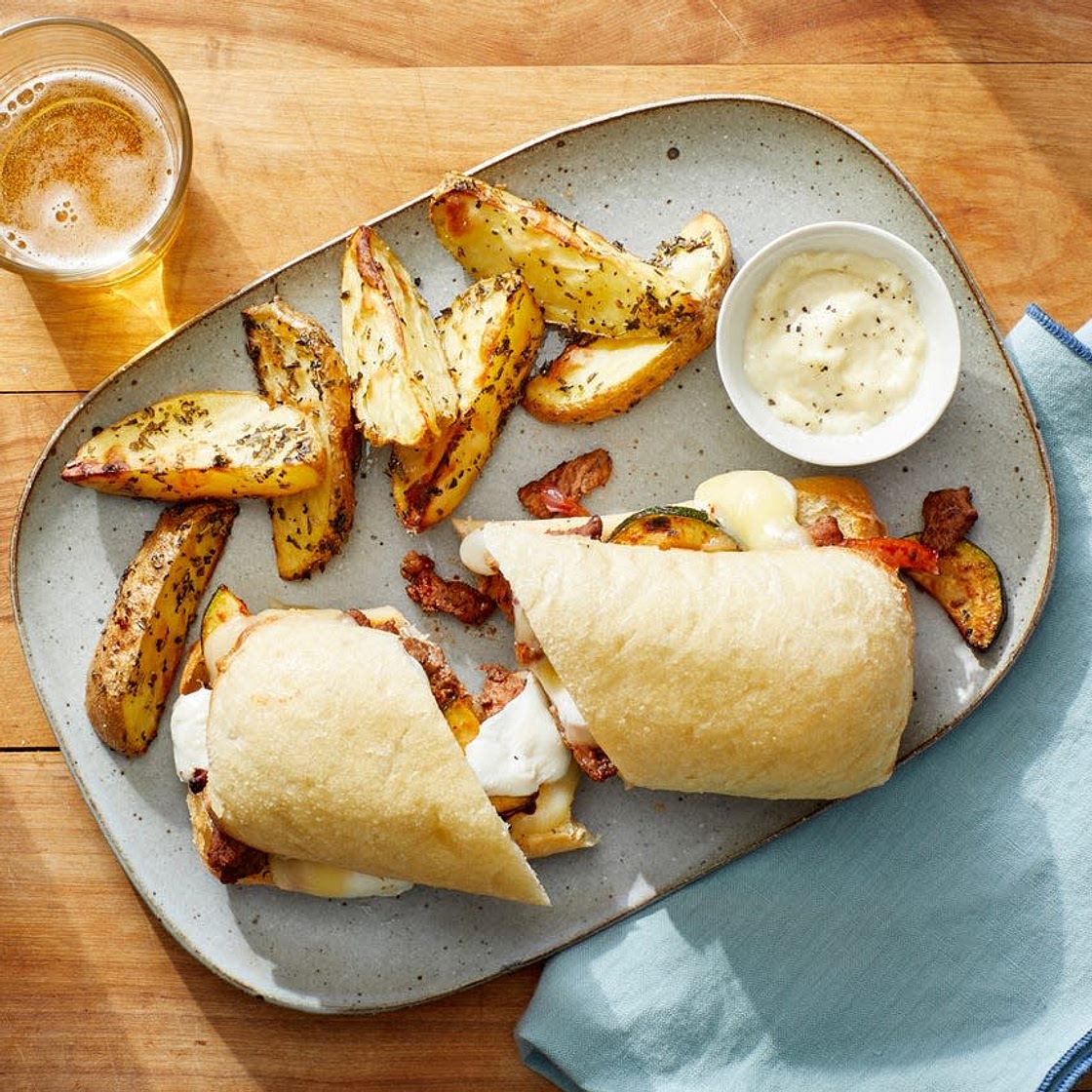 Italian Beef & Cheese Sandwiches with Roasted Potato Wedges & Garlic Mayo