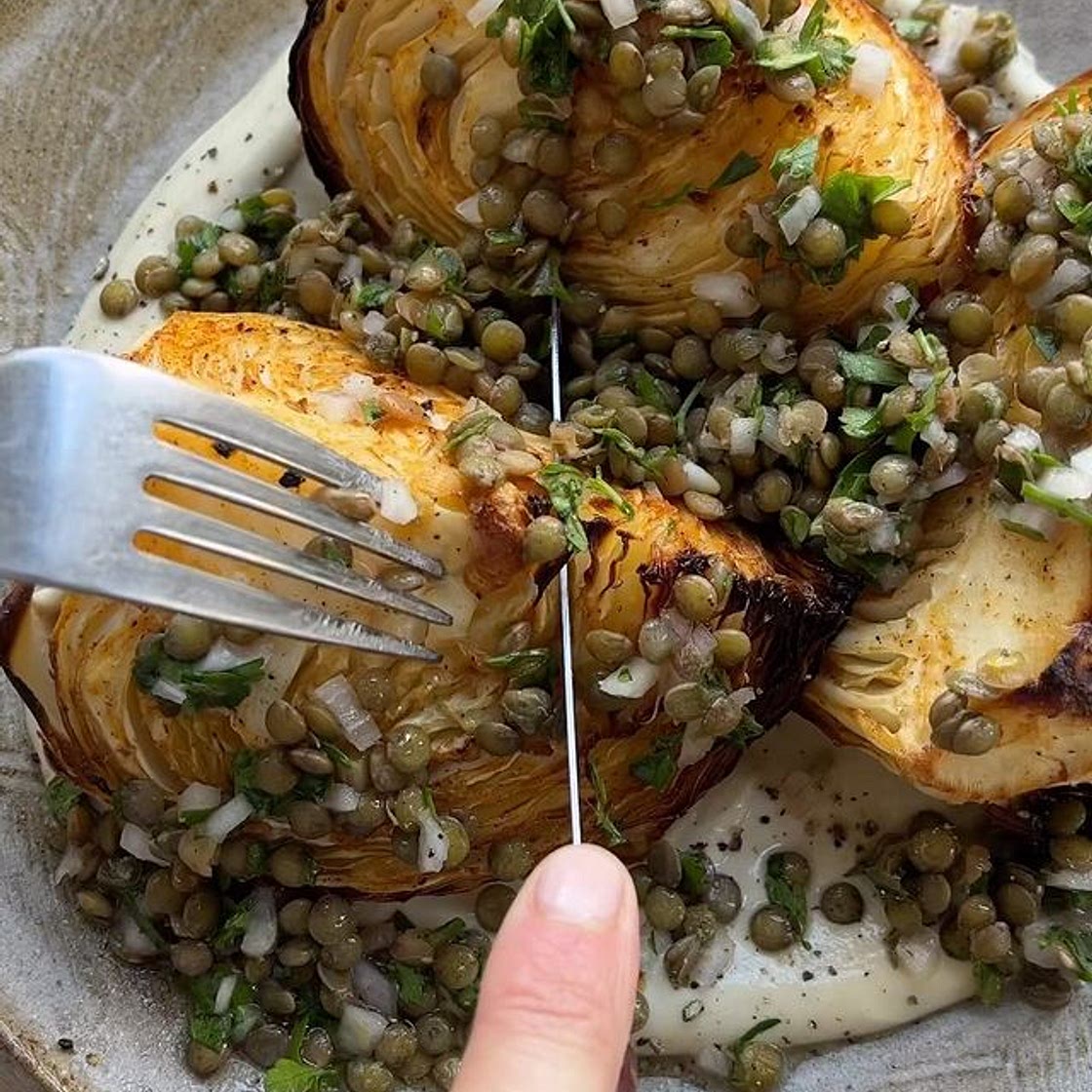 Roasted White Cabbage with a lentil Chimichurri 