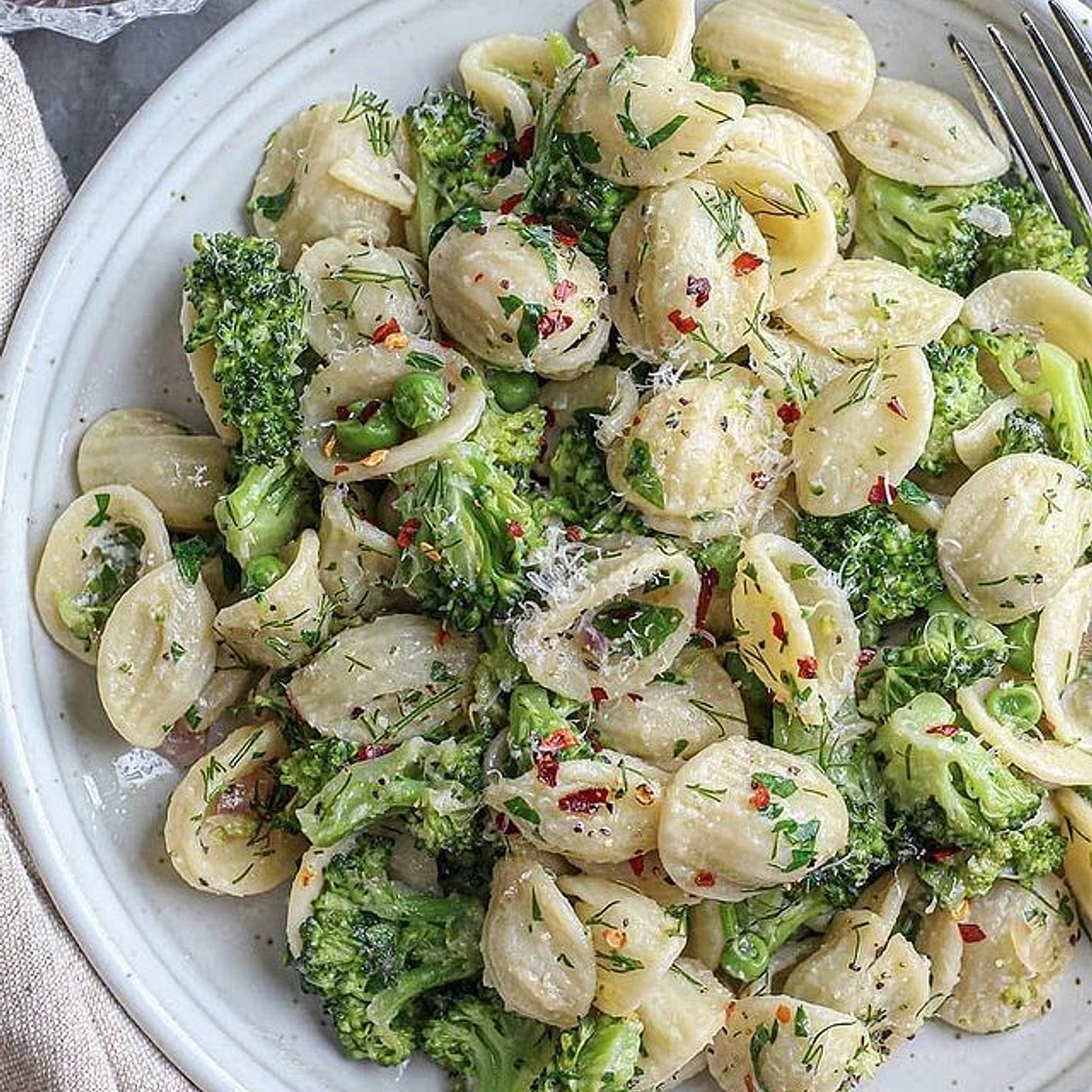Creamy Orecchiette with Broccoli, Peas &amp; Herbs by