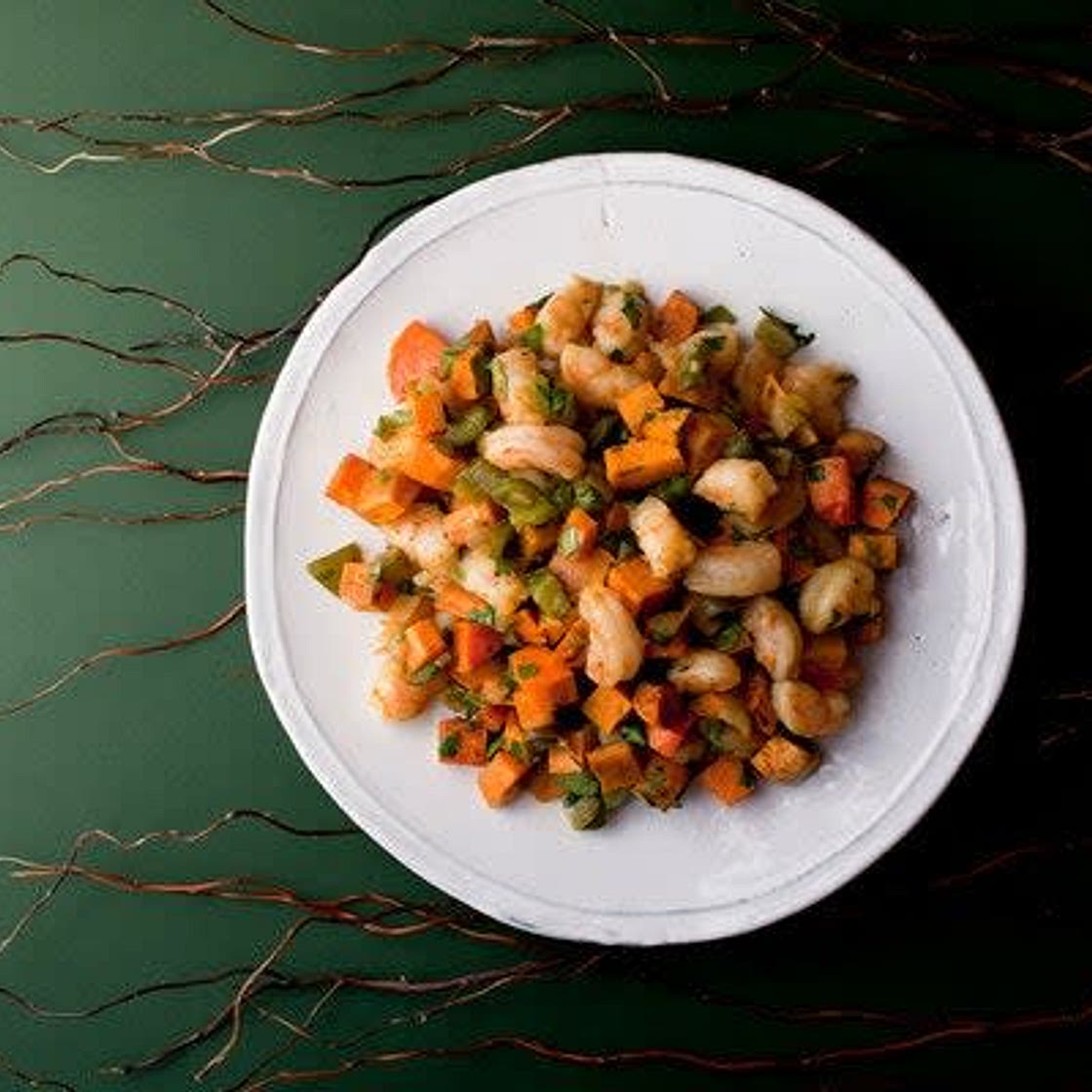 Shrimp & Sweet Potato Hash with Toasted Pecans