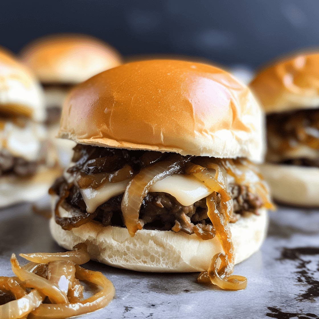 Cheesy Beef and Caramelized Onion Sliders