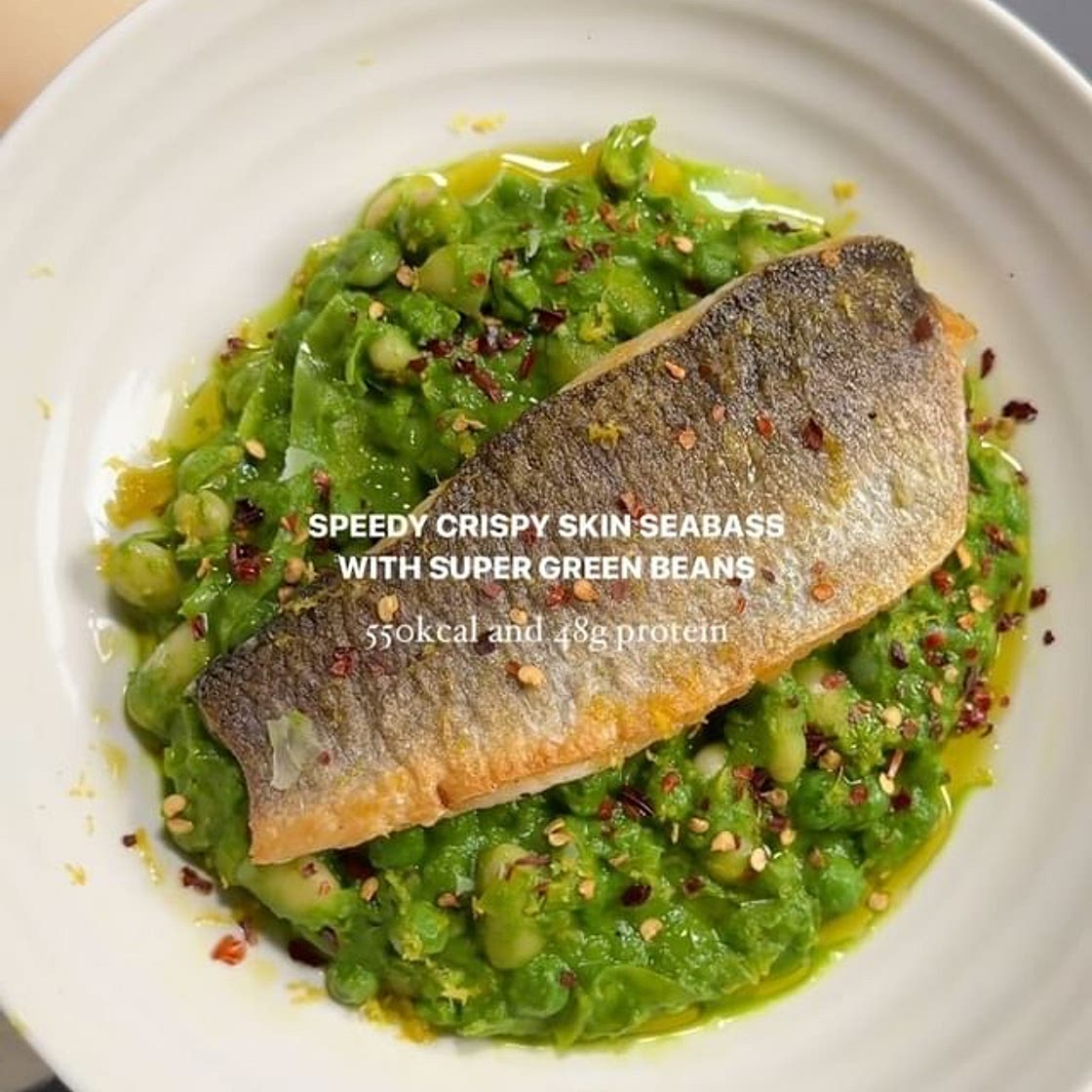 Speedy crispy skin sea bass with super greens