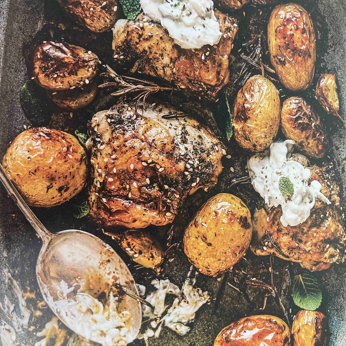 Za’atar chicken and new potato bake with tzatziki
