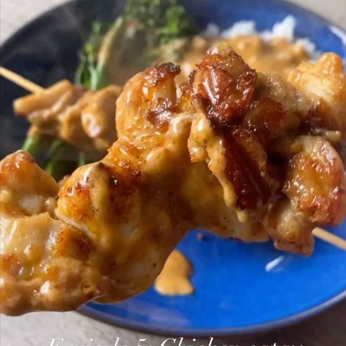Chicken satay kebabs and rice
