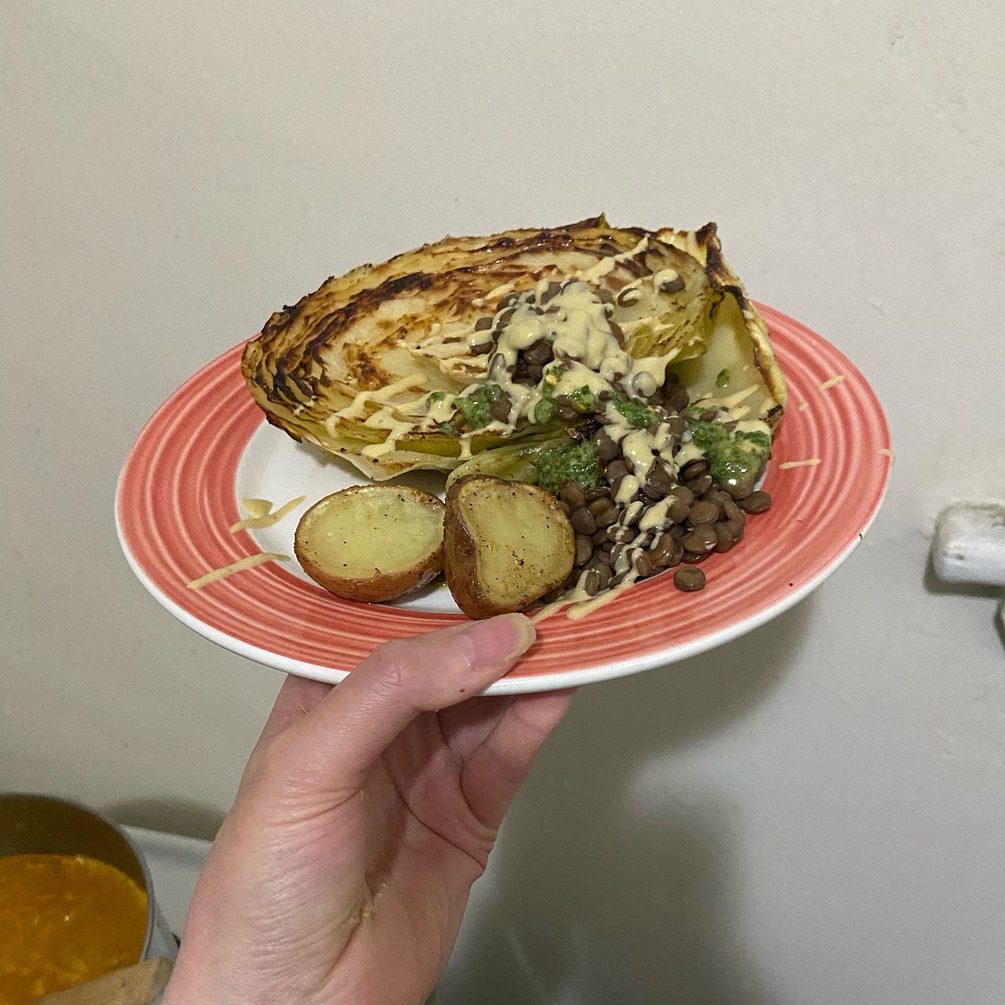 Grilled Cabbage Steaks with Jalapeño Chimichurri Lentils & Maple Mustard Tahini