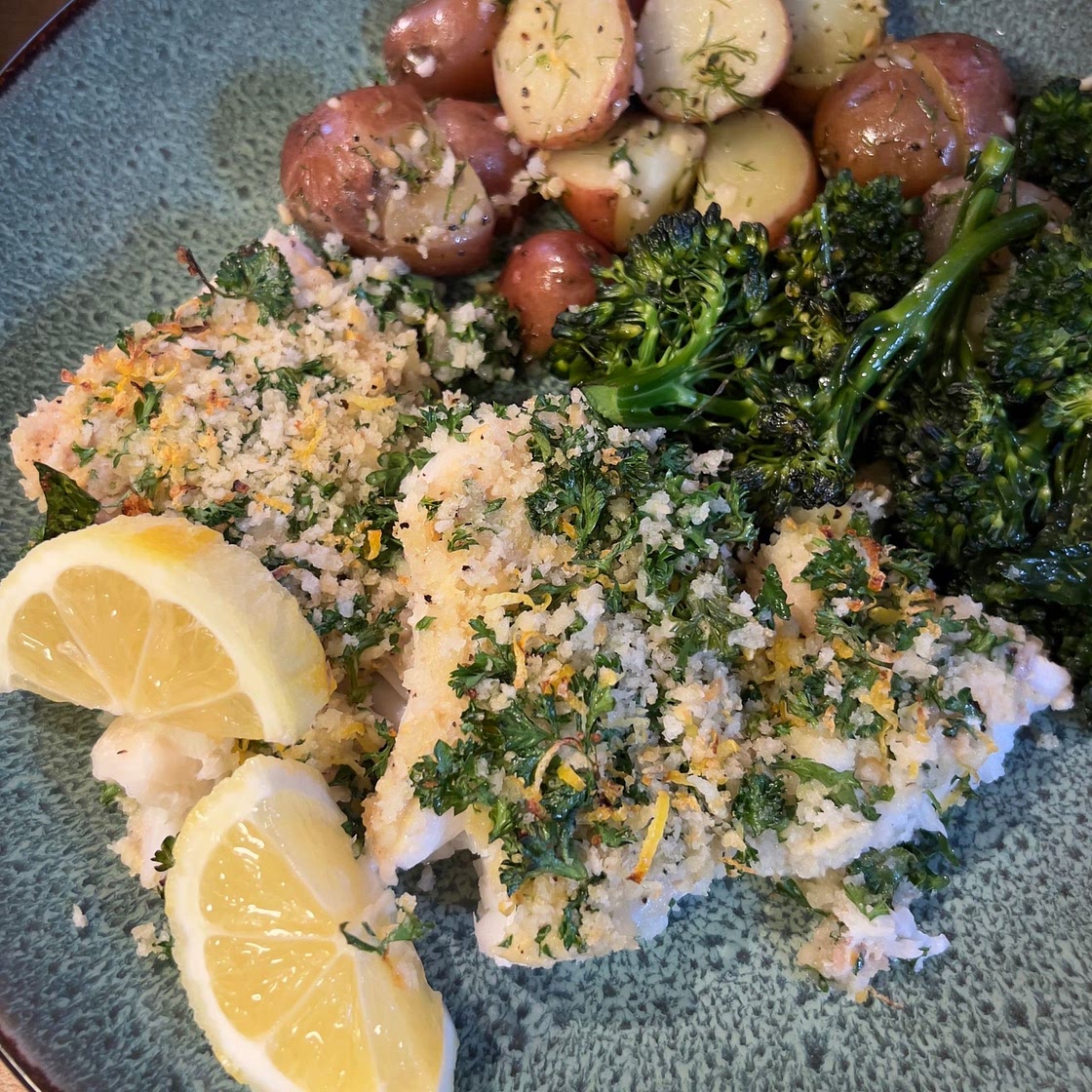 Crusted Dijon Cod with Dilled Fingerling Potatoes and Roasted Broccoli