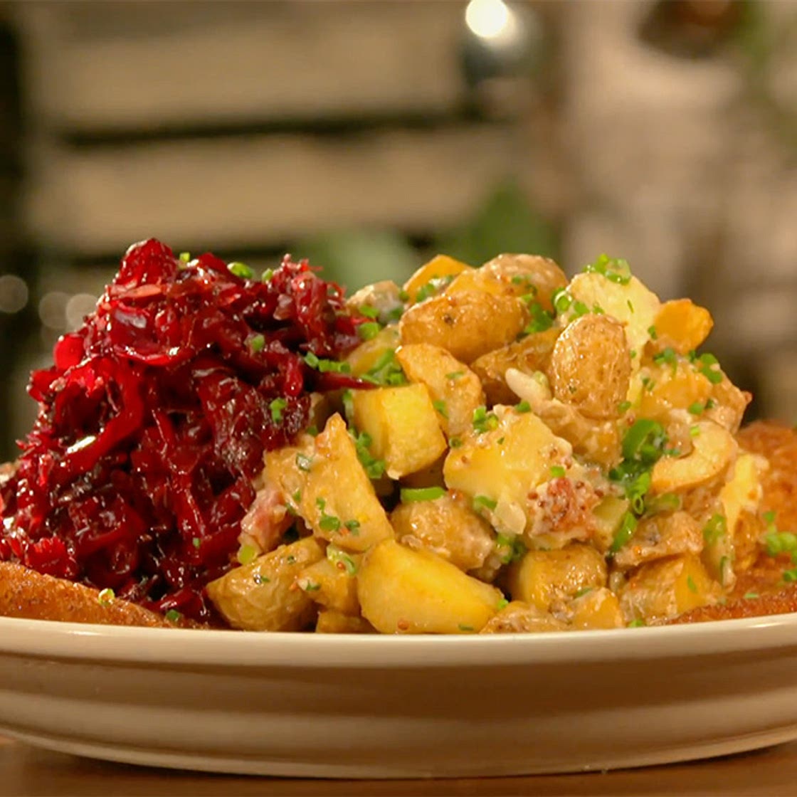 Pork Schnitzel with Mustard Potatoes and Braised Red Cabbage – A