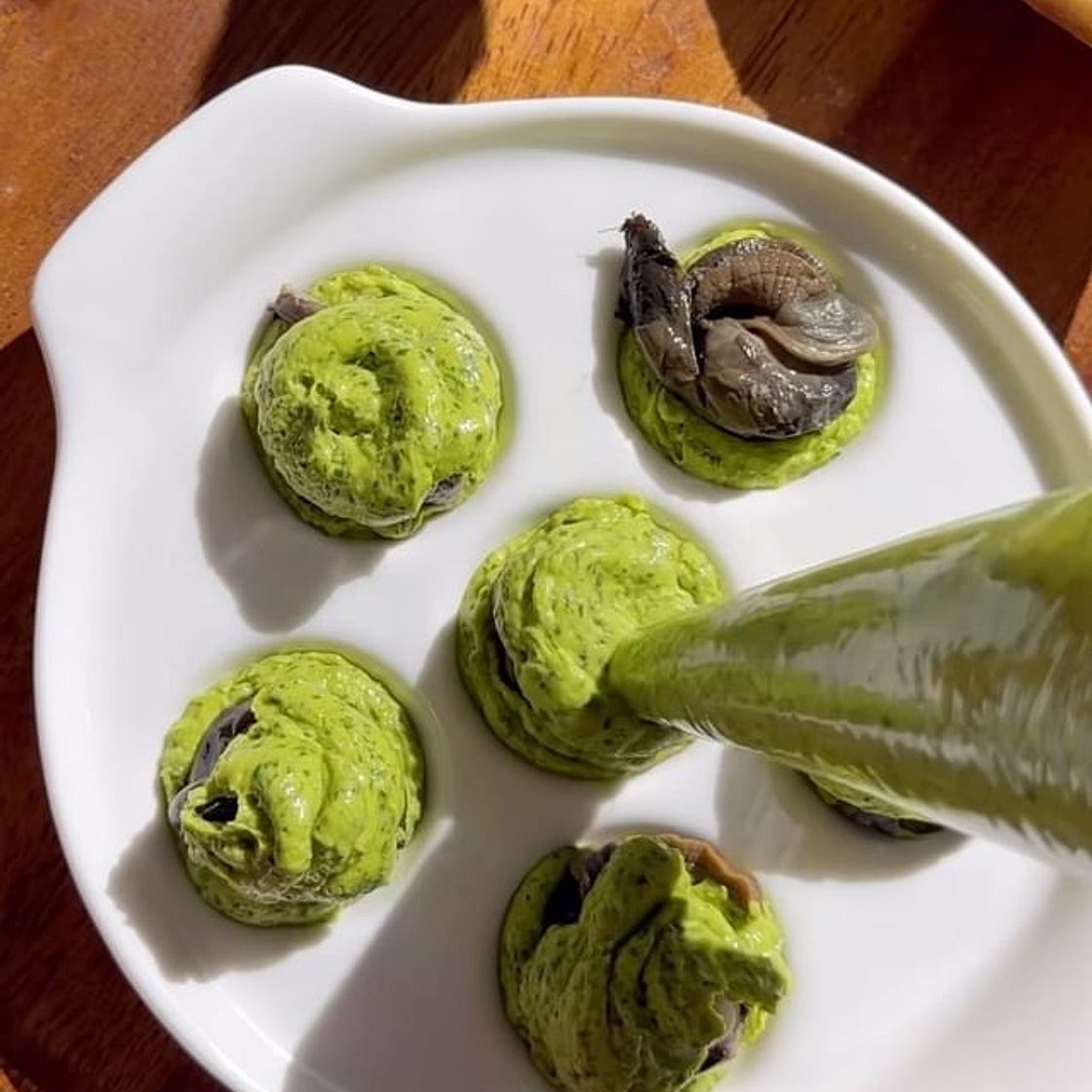 Escargot, oysters or shrimp in pesto 