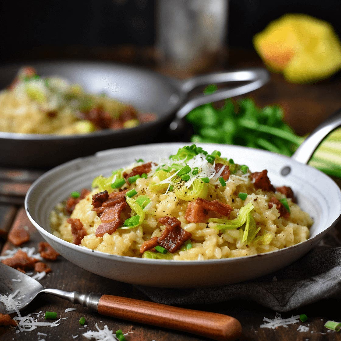 Crispy Bacon and Leek Risotto with Parmesan and Lemon Zest